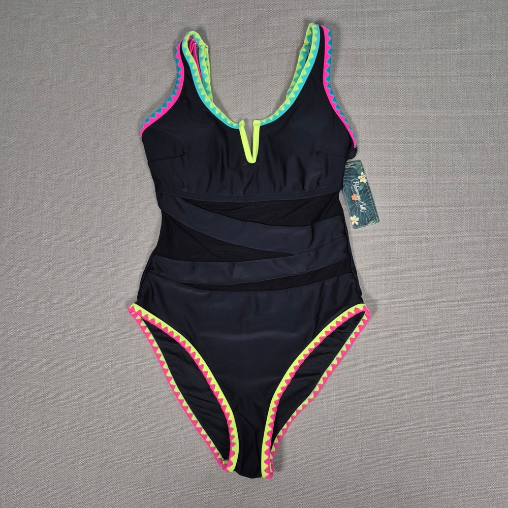 Blooming Jelly Womens One Piece Swimsuit Black Mesh Neon Trim Size S New